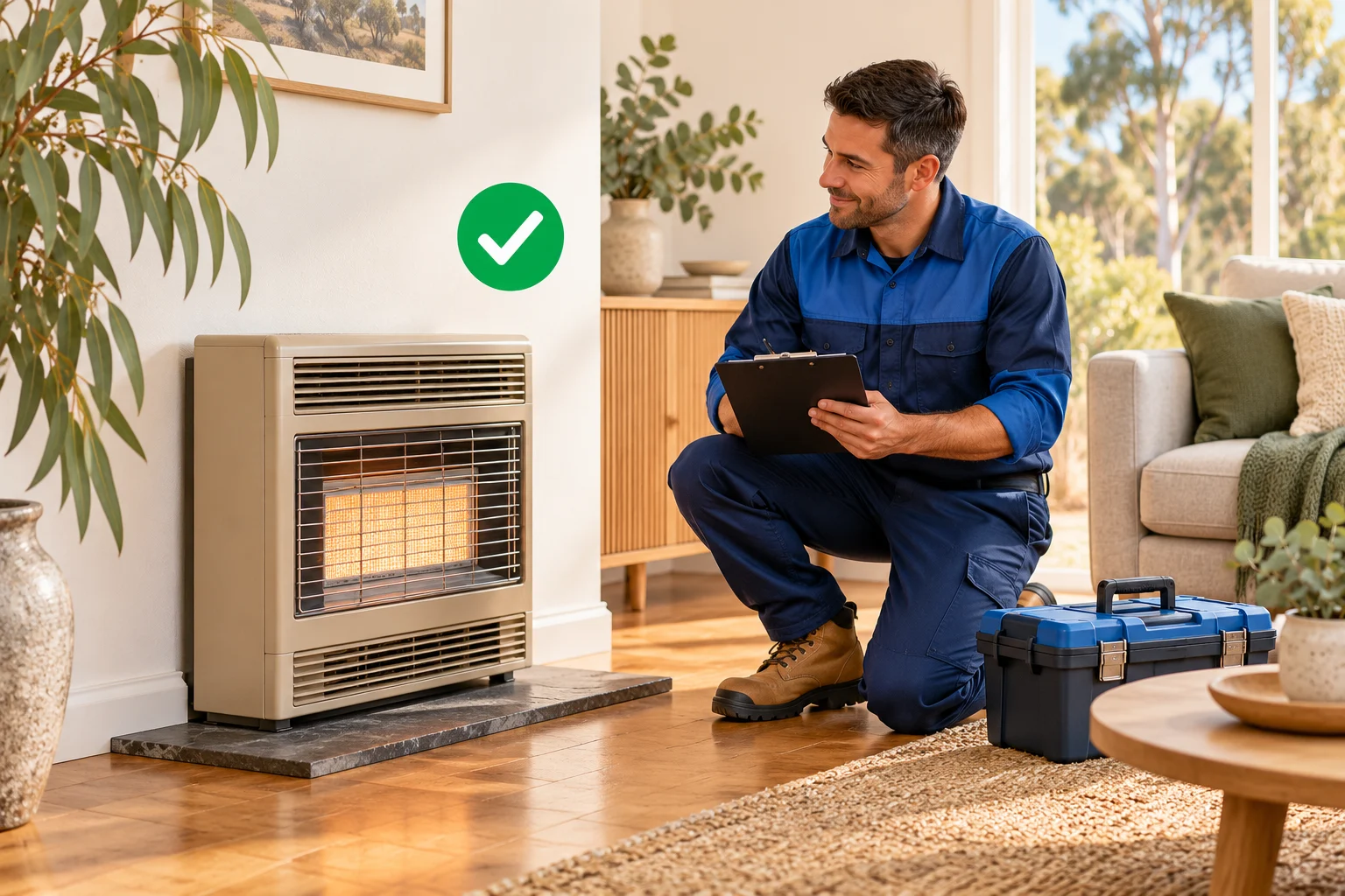 Illustration of a professional assessing an old heater; not a DIY disconnection guide.
