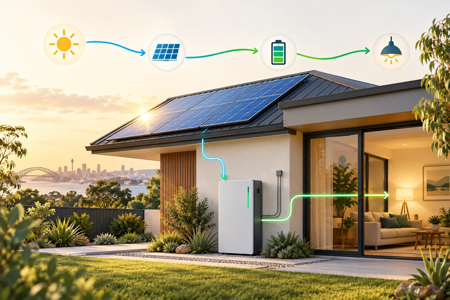 Concept illustration of rooftop solar, battery storage and household use; not an installation design.