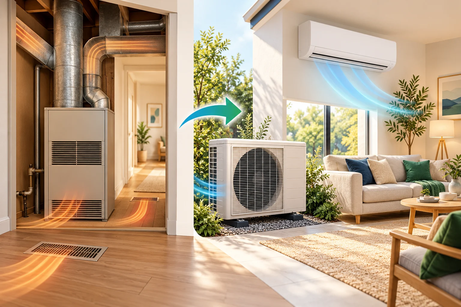 Concept illustration of a move from gas heating to reverse cycle comfort; actual system design requires a site assessment.