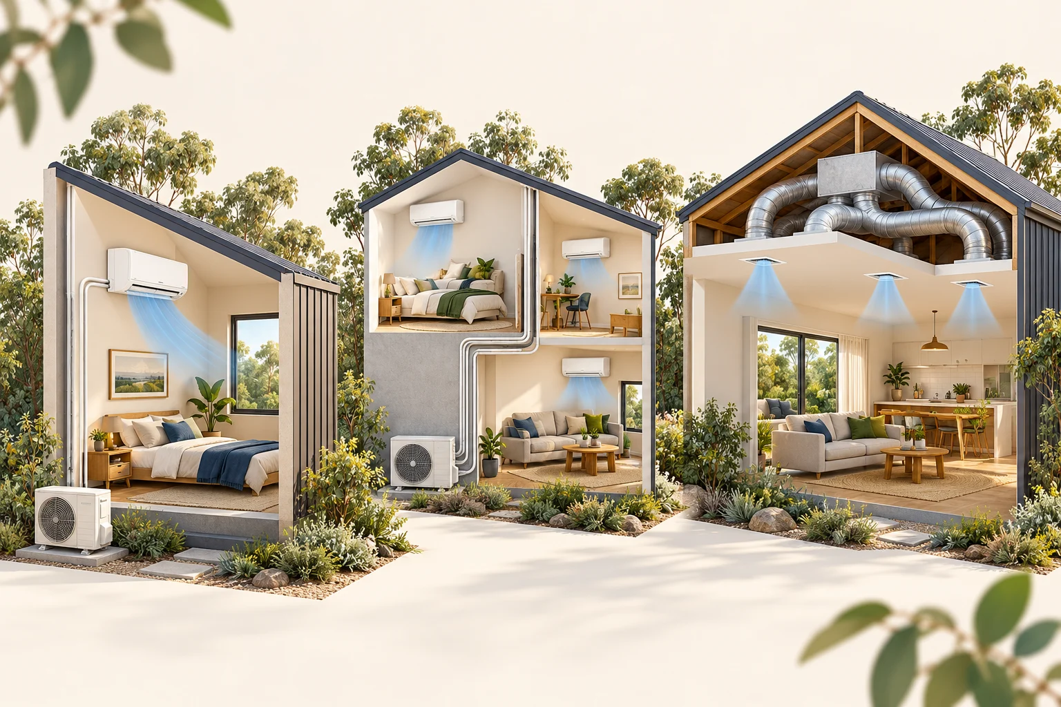 Concept comparison of single-room, multi-room and ducted air conditioning layouts.