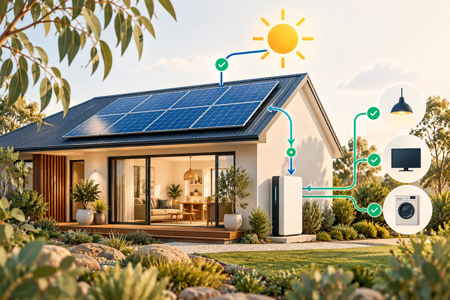 Concept illustration of an eligible solar-and-battery system; not an electrical installation diagram.
