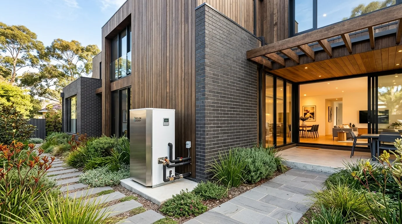 Modern Australian home exterior with energy efficient heat pump hot water system