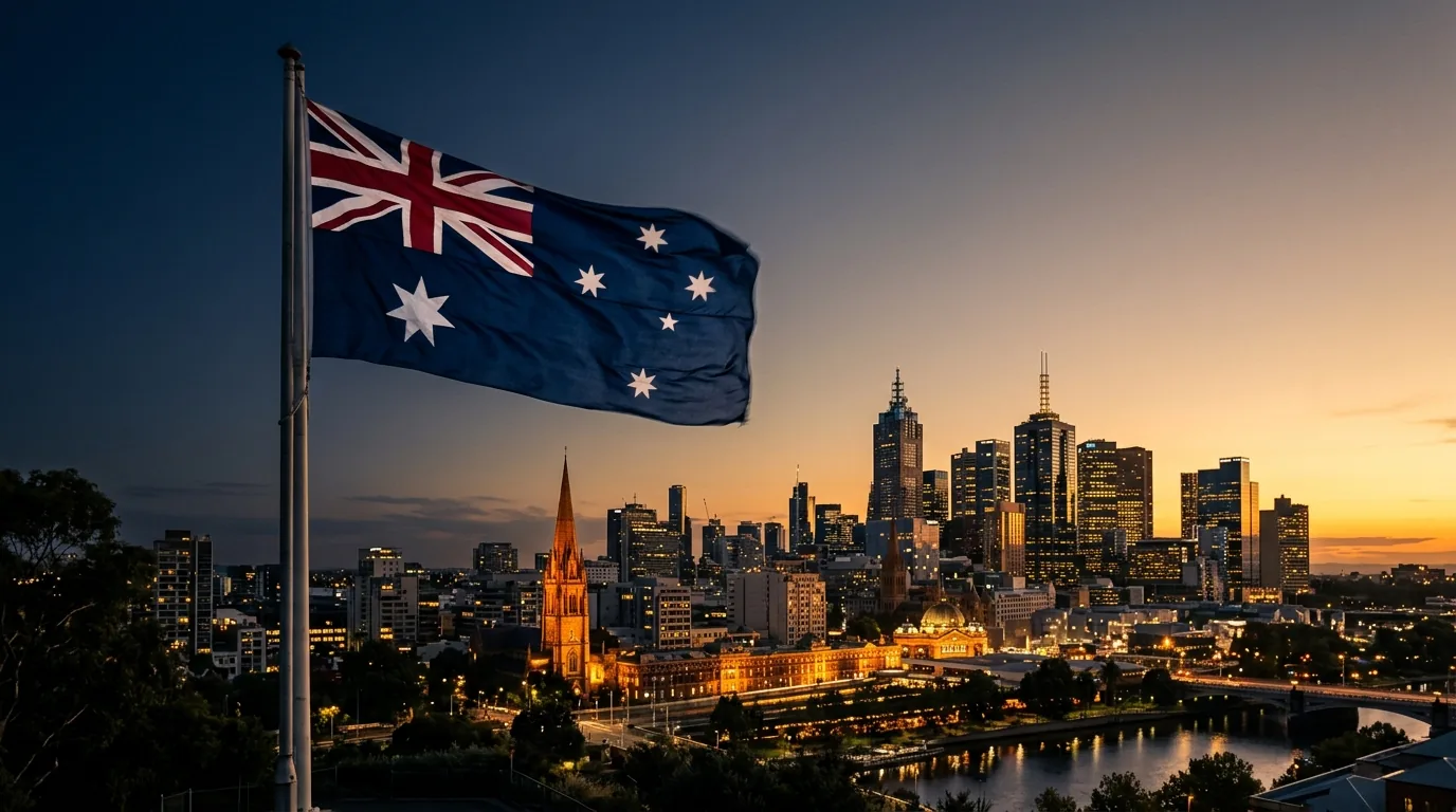Australian Flag and Melbourne dusk skyline