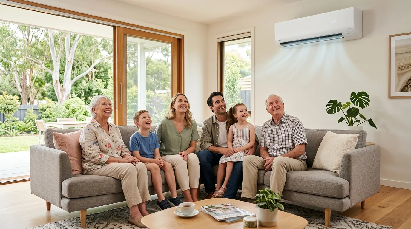Australian family enjoying energy-efficient heating and cooling in a modern home