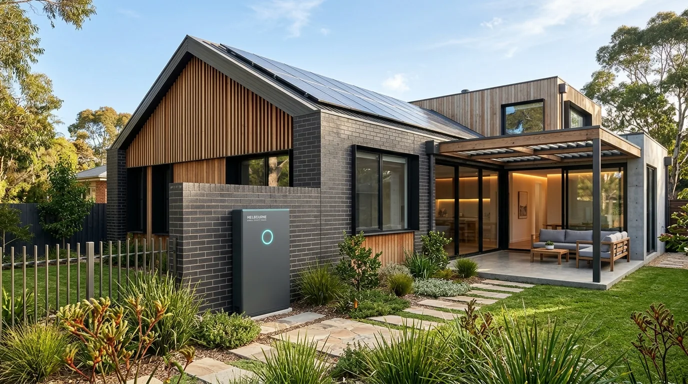 Modern Australian home with rooftop solar panels and wall mounted solar battery storage system